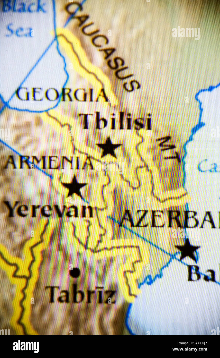 Close-up carte montrant les pays : Arménie, Géorgie, Azerbaïdjan et situé dans le sud-ouest de l'Asie Banque D'Images