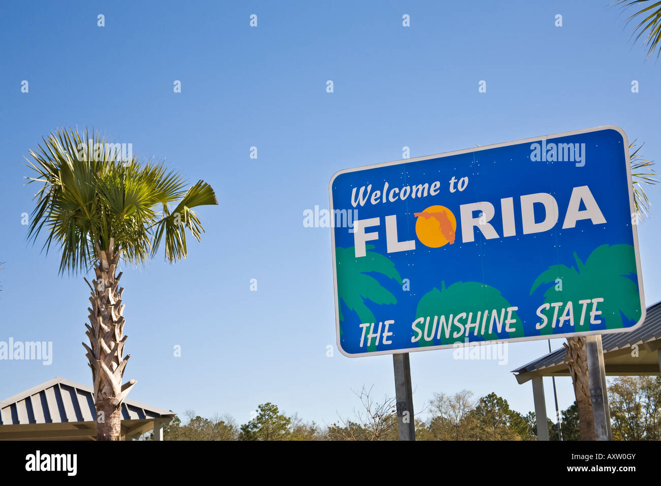 Les deux 'Welcome to Florida' signe au Florida Centre Bienvenue sur J95 à la frontière de la Géorgie. Banque D'Images