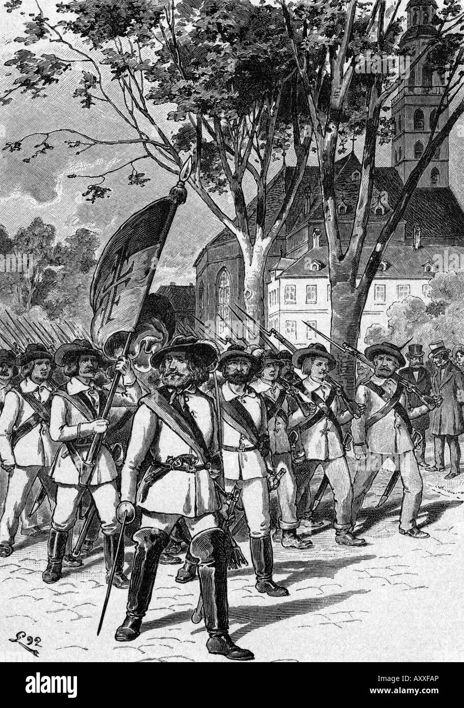 Schaerttner, août 31.1.1817 - 22.2.1859, révolutionnaire allemand, commandant des Gymnastes Hanau, les marchant à Baden, 2.6.1849, gravure sur bois, 1892, , Banque D'Images