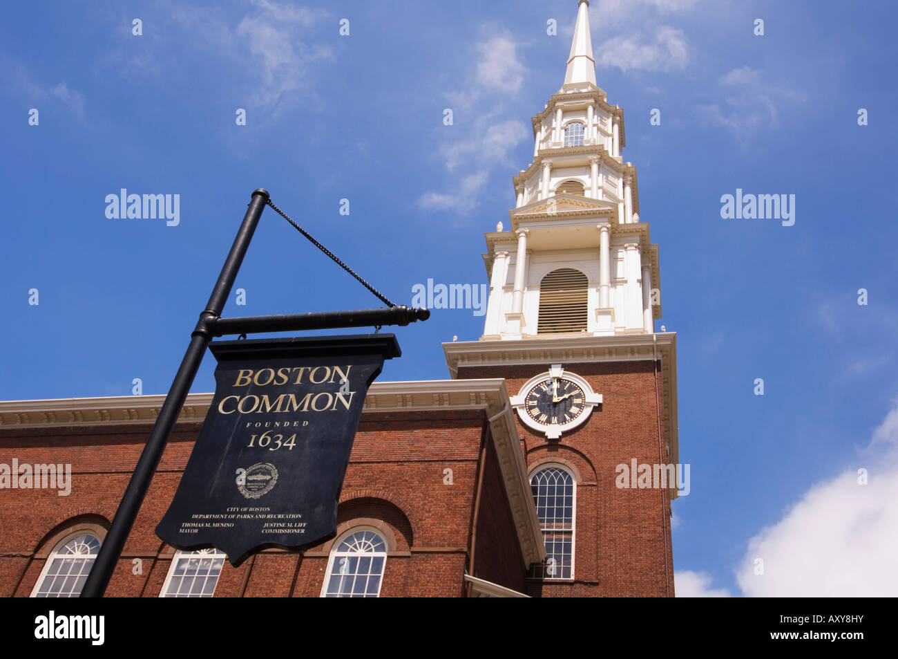 L'Église et de la rue du parc Boston Common signe, Boston, Massachusetts, USA Banque D'Images