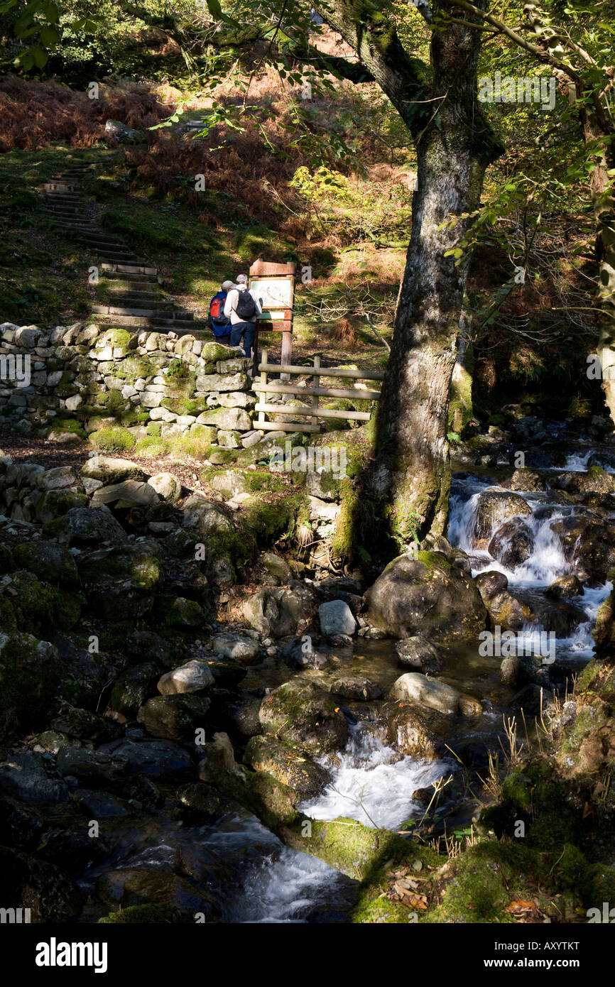 Cascade et Cadair Idris Signpost, Galles, Royaume-Uni Banque D'Images