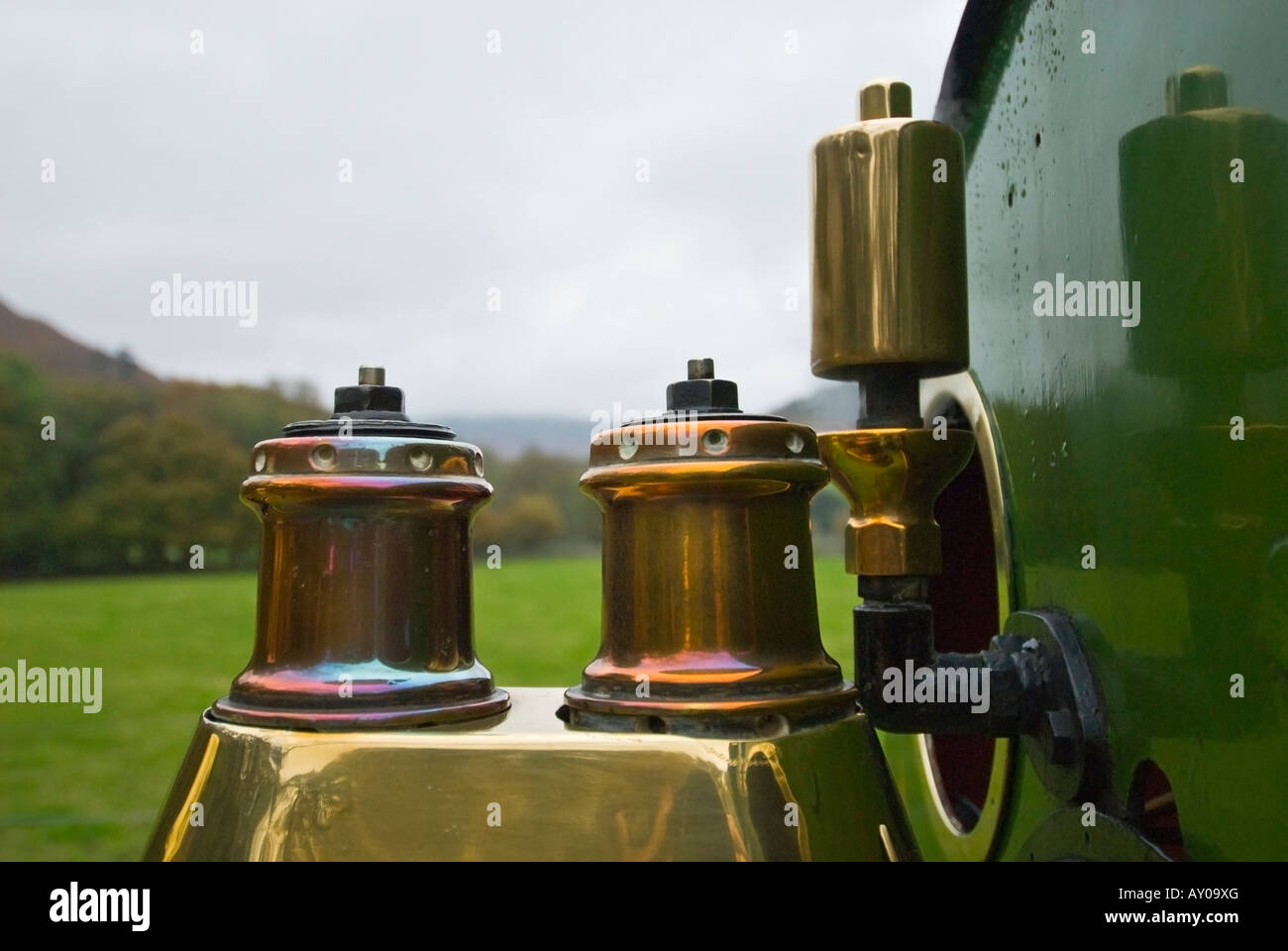 Détail de steam whistle laiton soupapes de vapeur et d'une locomotive à vapeur à voie étroite Banque D'Images