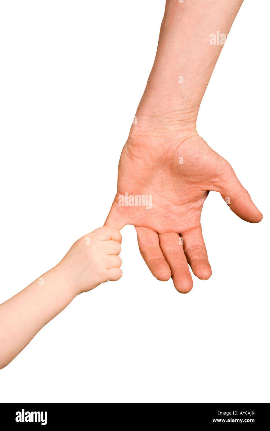 Les petits garçons main tenant une main rugueuse Mans Petit Doigt Banque D'Images