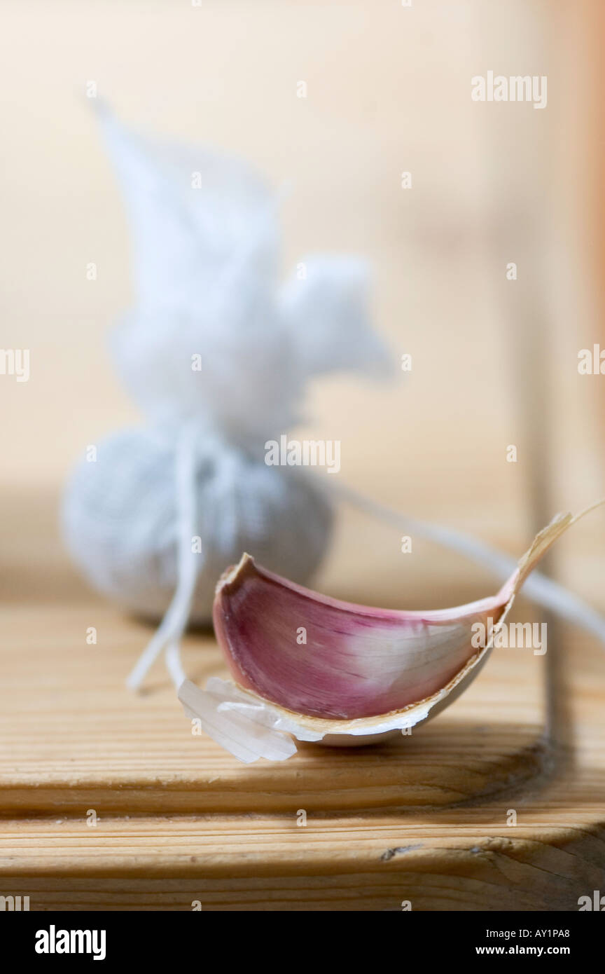 Un petit carré de mousseline nouée autour de bouquet garni herbes avec une gousse d'ail Banque D'Images