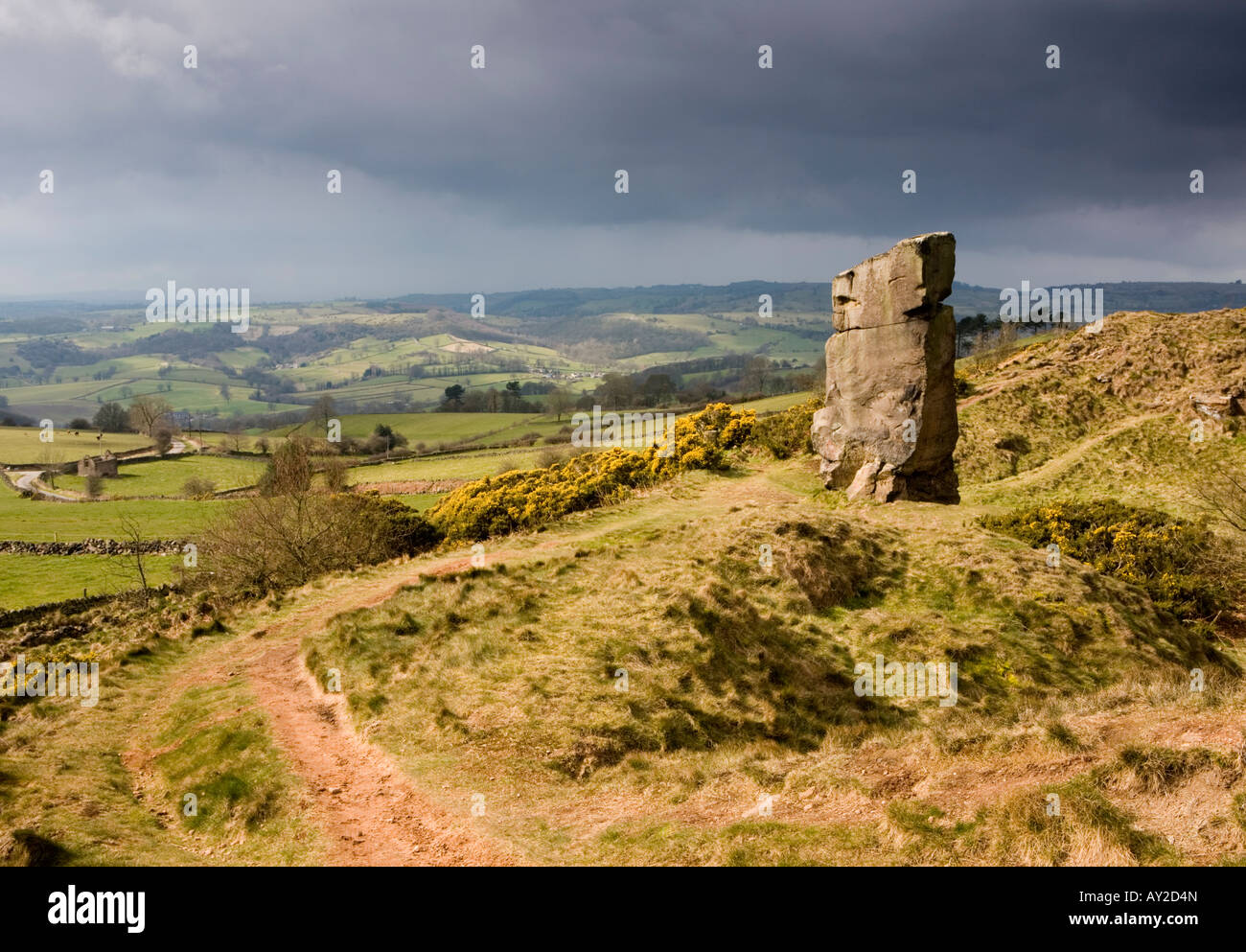 Avis de propriété du National Trust des hauteurs d'Alport. Montrant le grand standing stone et paysage ouvert du Derbyshire Banque D'Images