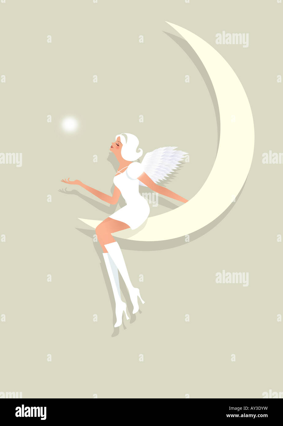 Profil de côté un ange assis sur la lune Banque D'Images