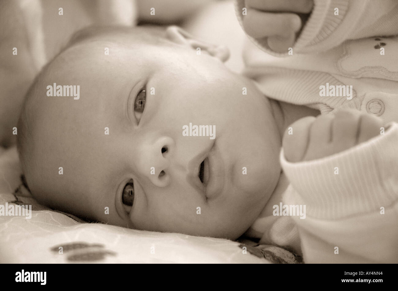 Image en noir et blanc de Naissance bebe Fille 03 mois couché dans lit-bébé close up of face Banque D'Images