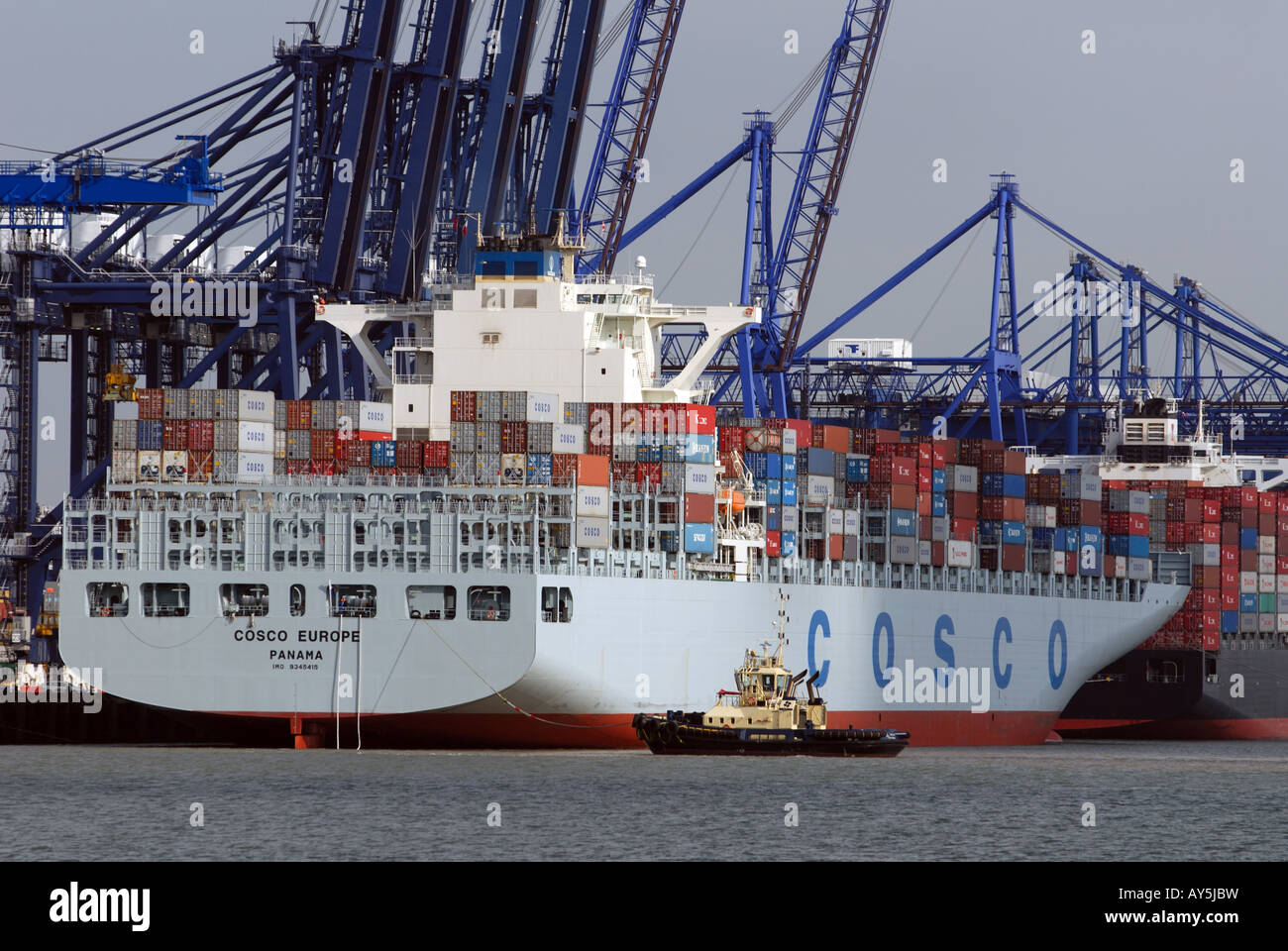 Cosco container ship 'Europe' Trinity, quai, port de Felixstowe, Suffolk, UK. Banque D'Images