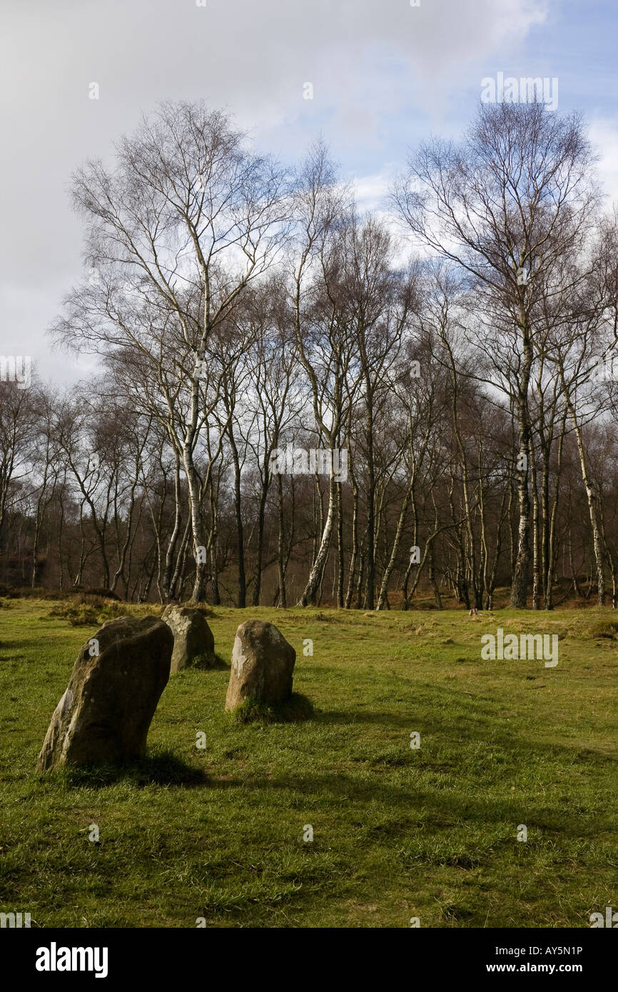 Neuf femmes Stone Circle, Stanton Moor, parc national de Peak District, Derbyshire, Angleterre, RU Banque D'Images