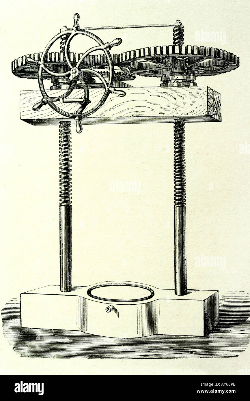 Presse manuelle pour l'huile d'olive. Illustration d'antiquités. 1889 Banque D'Images