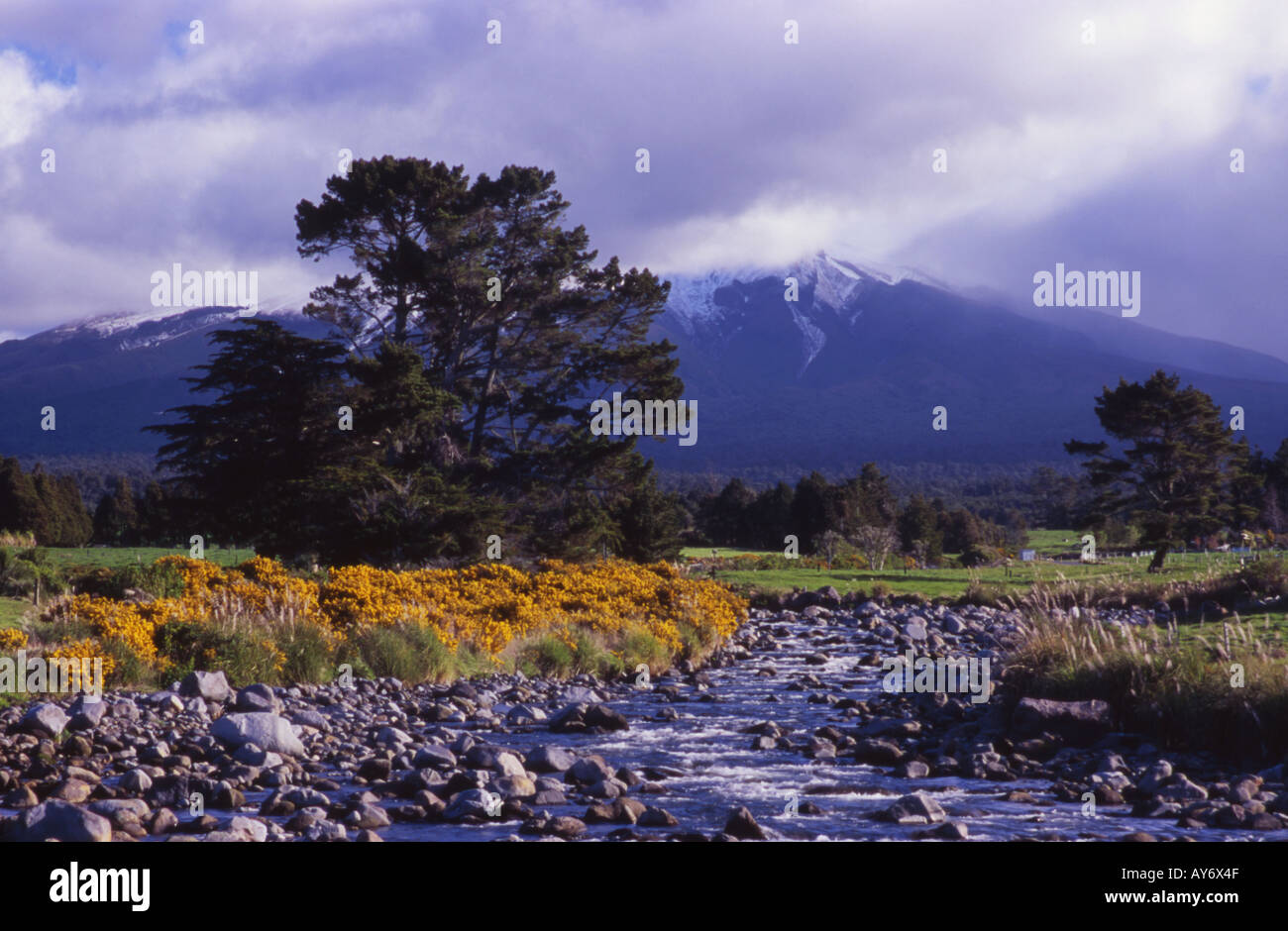 Rivière Waiwhakaiho et Mount Egmont ou Parc National d'Egmont Taranaki Île du Nord Nouvelle-zélande Banque D'Images