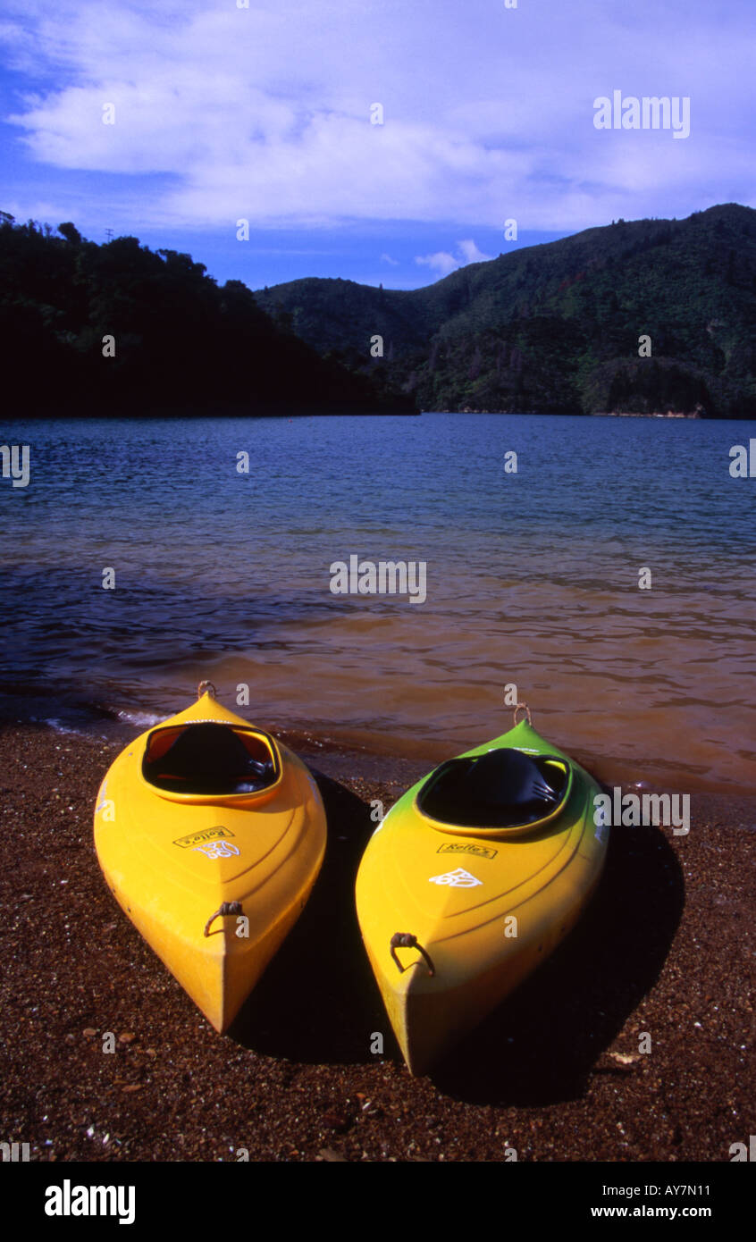 Kayaks sur la plage de Baie Lochmara Queen Charlotte Sound ile sud Nouvelle Zelande Banque D'Images