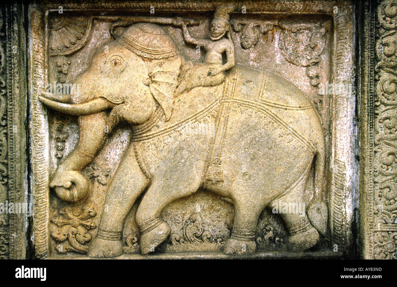 Sri Lanka Kandy Temple de la dent sur l'éléphant en pierre garde Banque D'Images