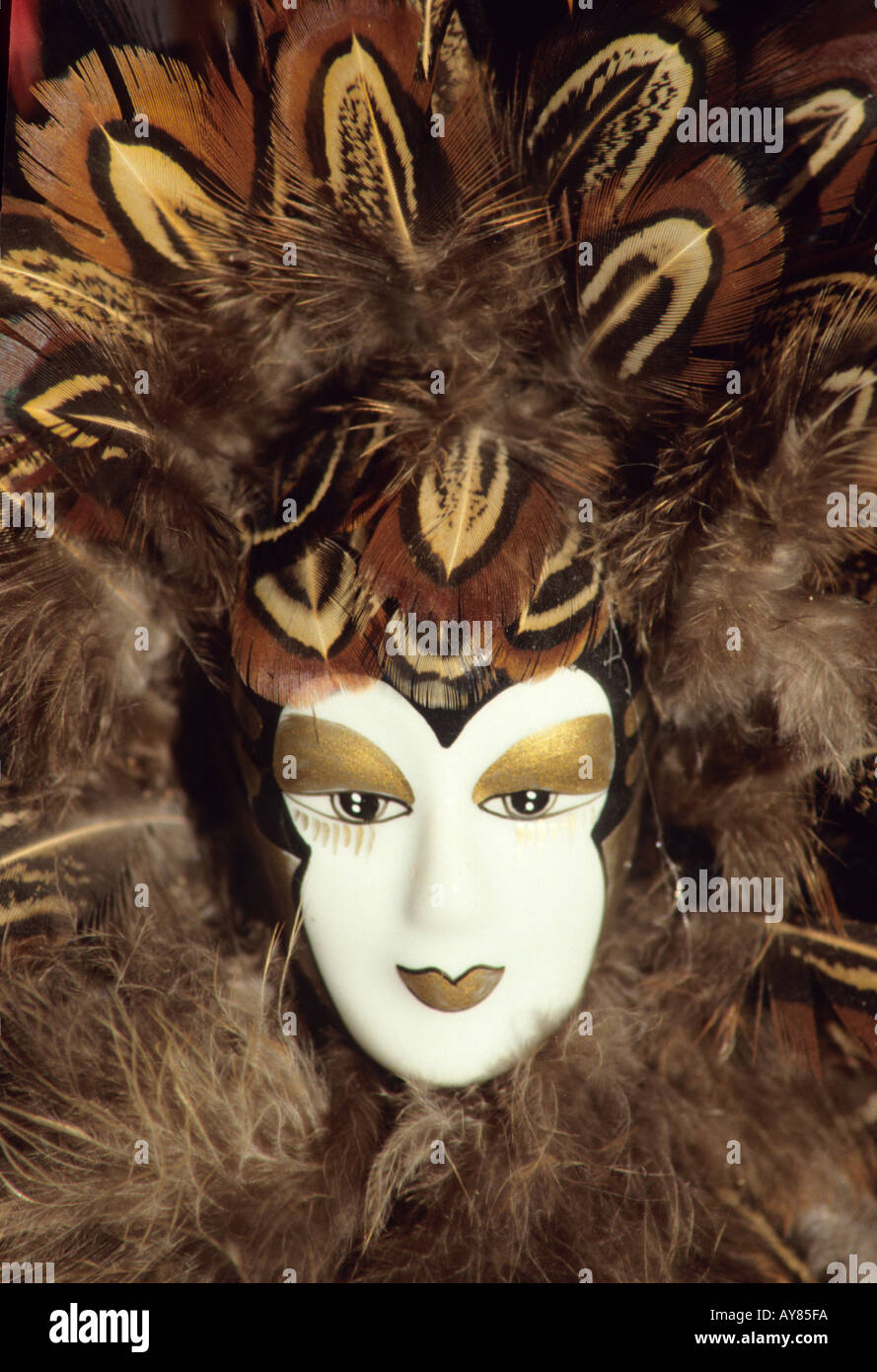 Masque vénitien traditionnel avec plumes peintes ,face en porcelaine Banque D'Images