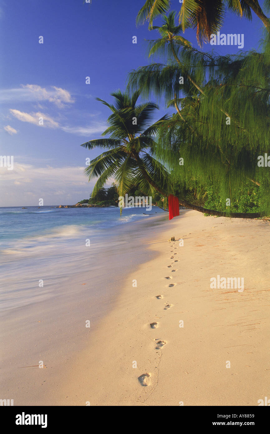 Footprints le long sandy shore sur l'île de La Digue Banque D'Images