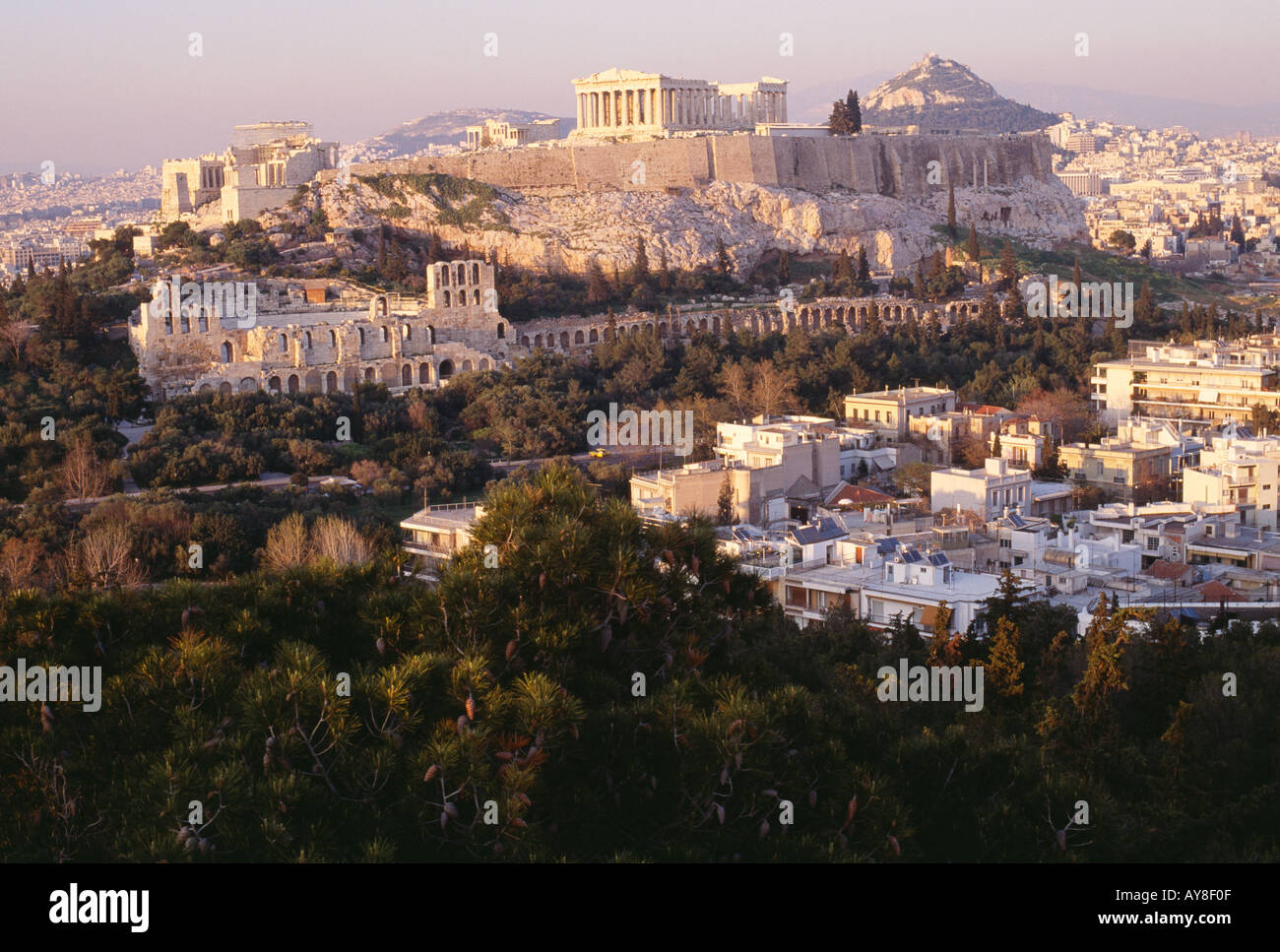 Vue de l'acropole de Filopappos Hill Athènes Grèce Banque D'Images