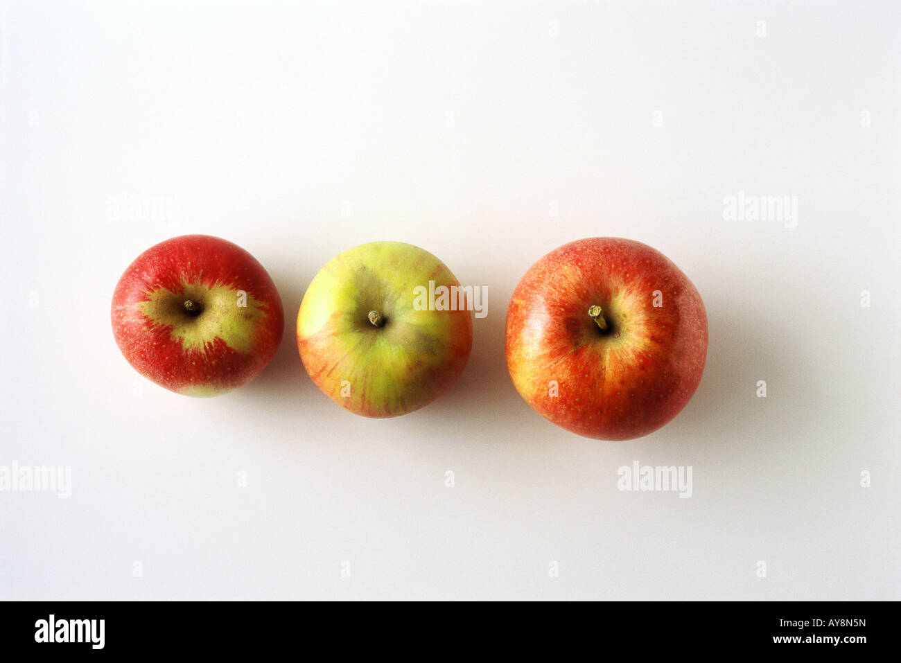 Trois pommes dans une rangée, high angle view Banque D'Images