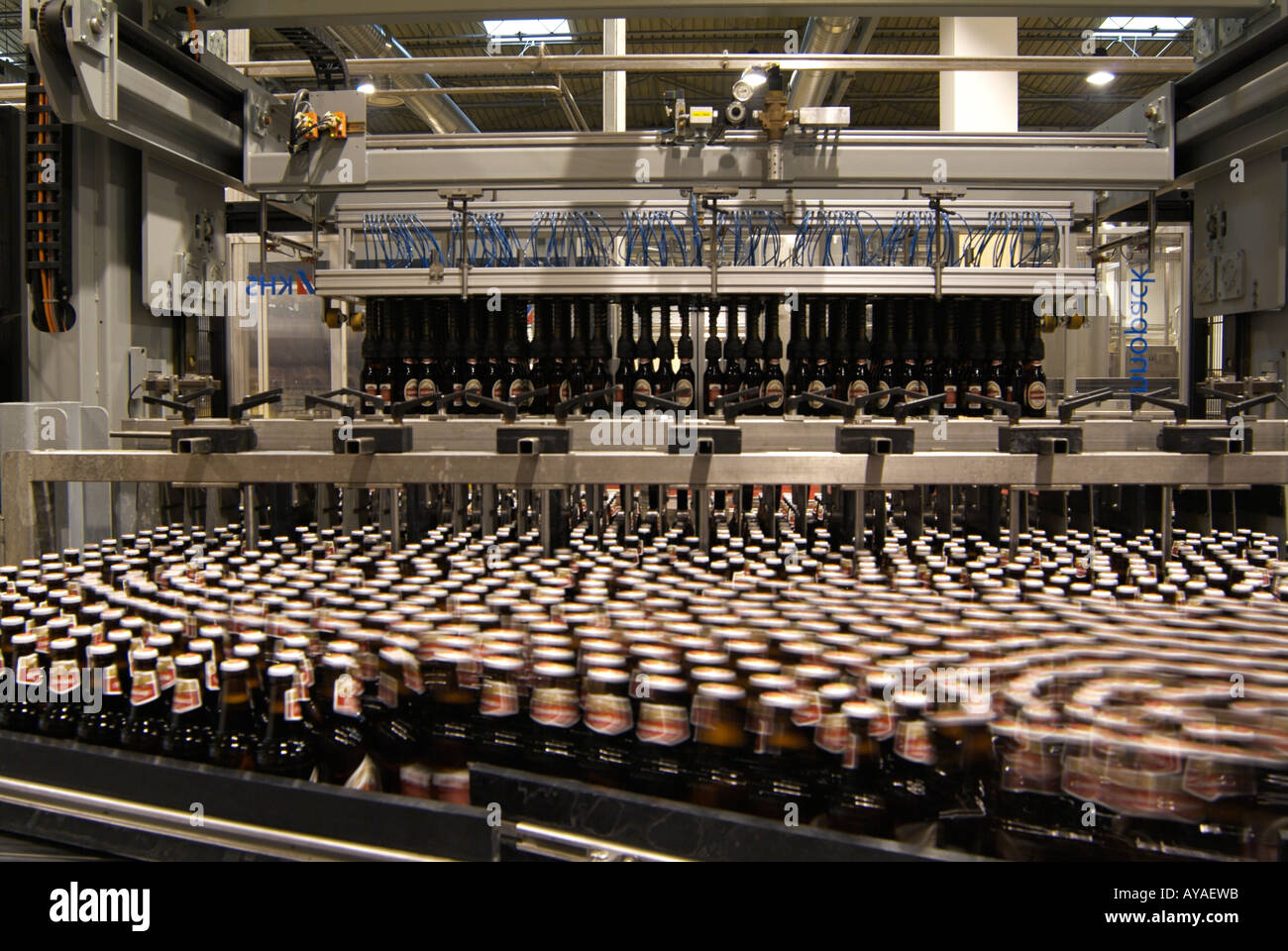 Des bouteilles de bière de la brasserie d'une ligne d'Embouteillage à faire leur chemin dans une machine de mise en caisse pour être conditionnés pour la vente au détail Banque D'Images