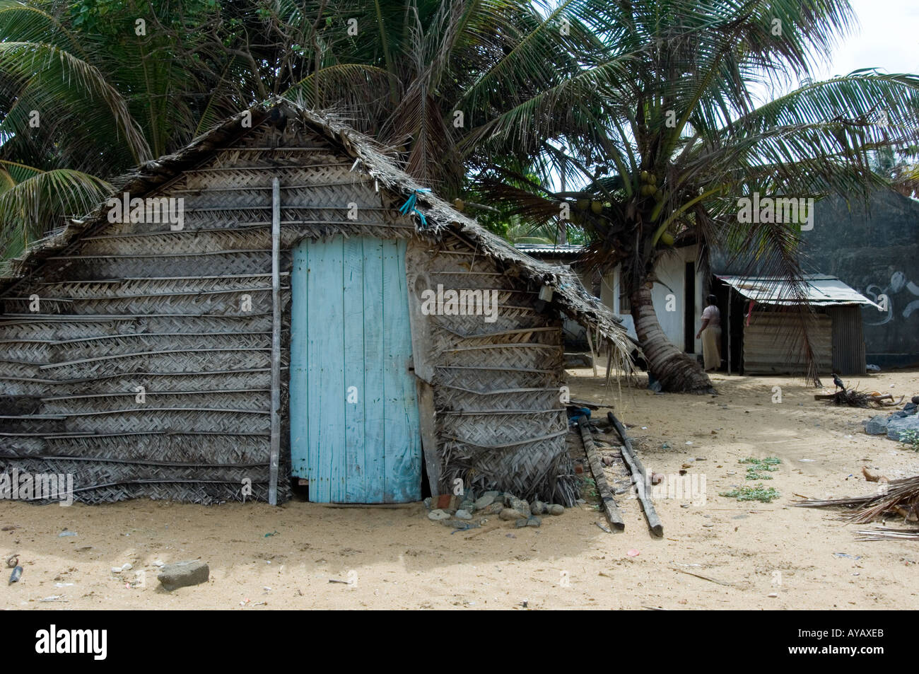 Cabane de pêcheur en tissus de feuilles de palmiers, sur la plage de Negombo, près de Colombo, Sri Lanka. Banque D'Images