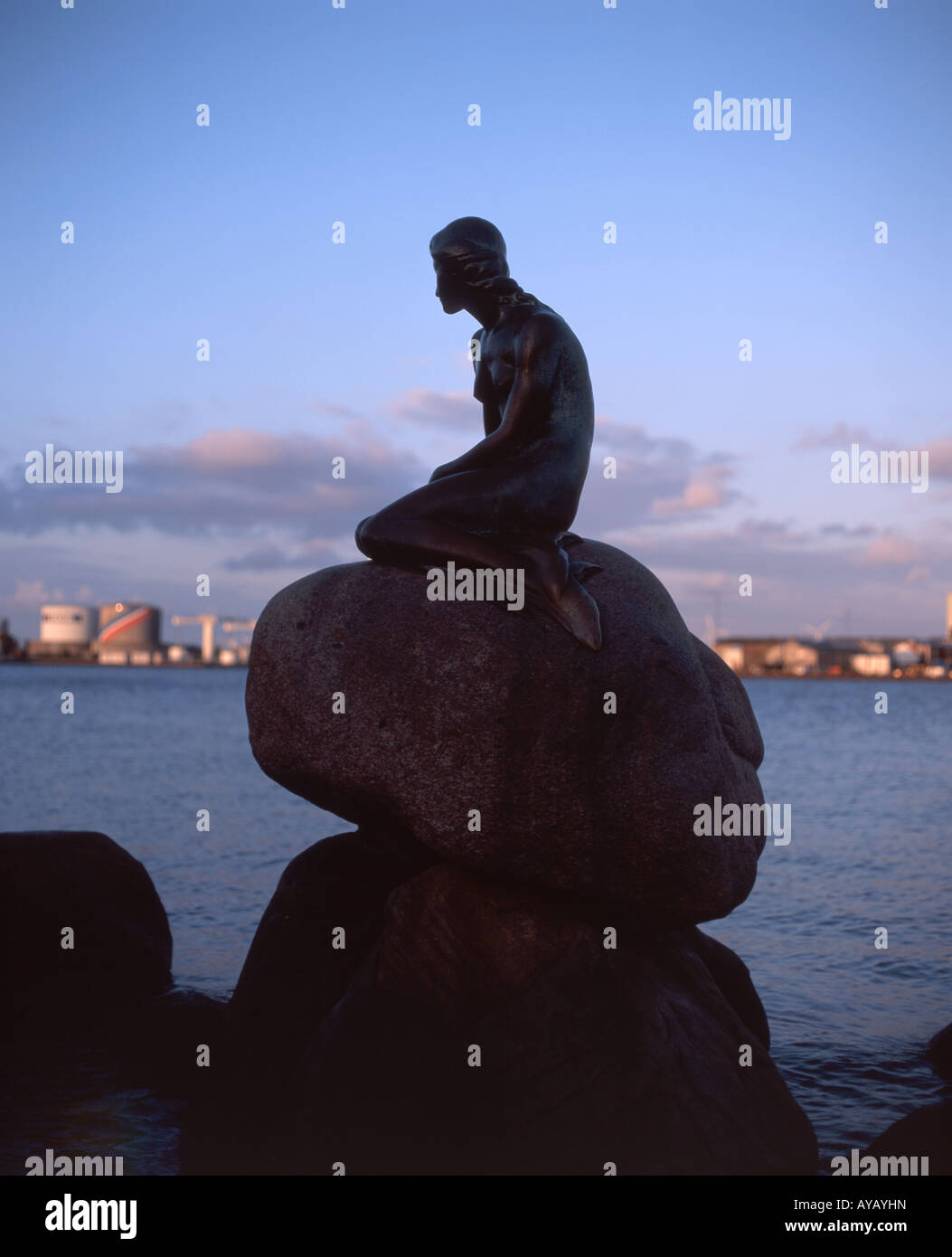 La petite Sirène ( Den Lille Havfrue) Statue au crépuscule, Copenhague (Kobenhavn), Royaume du Danemark Banque D'Images