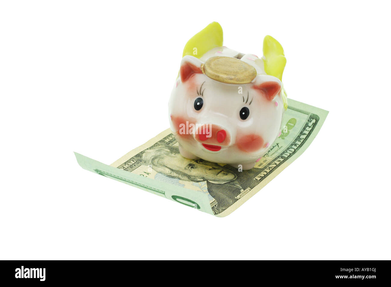 Flying piggy bank équitation sur nous 20 $ note Banque D'Images
