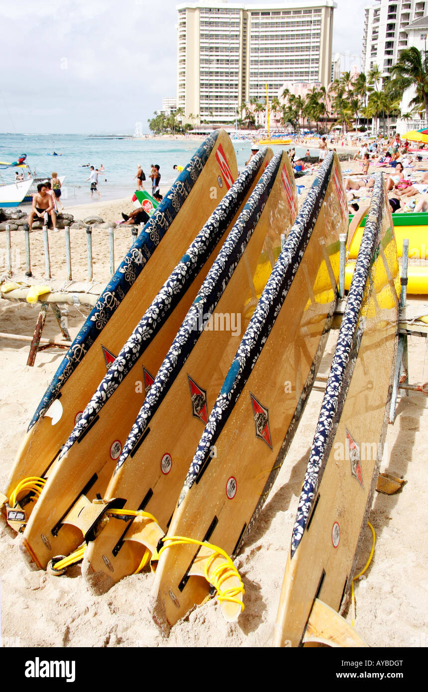 Planches de surf ALIGNÉS À LA LOCATION SUR la plage de Waikiki, Honolulu, Oahu, Hawaii, Banque D'Images