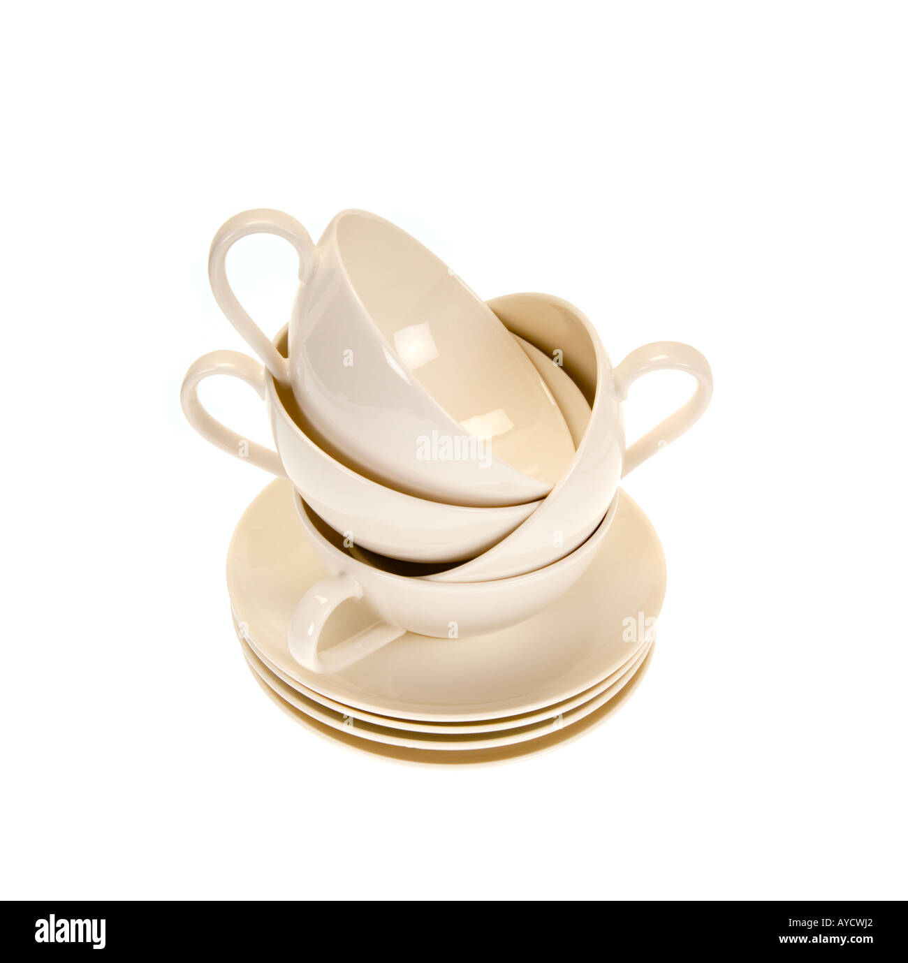 4 Quatre bone China porcelaine blanc crème tasse soucoupe porcelaine Porzellan définir sur base découpe blanc Banque D'Images