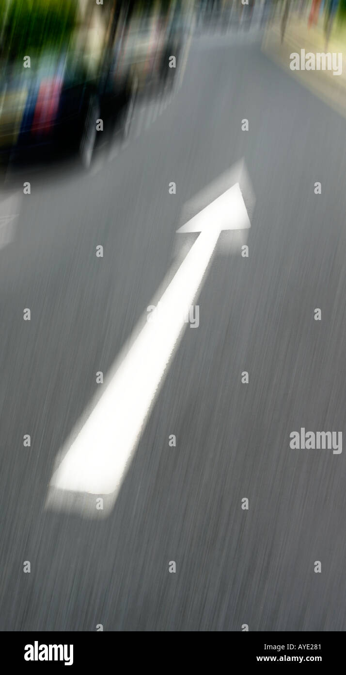 PORTRAIT DE FLÈCHE BLANCHE SUR LA ROUTE GOUDRONNÉE DIRECTION montrant avec arrière-plan flou Banque D'Images