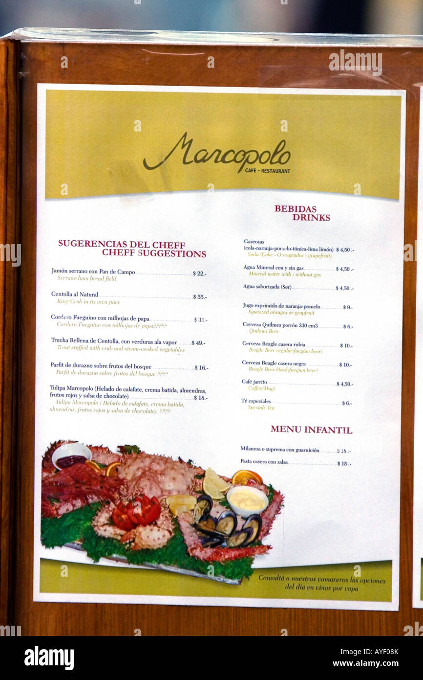 Menu restaurant espagnol à Ushuaia sur l'île de la Terre de Feu argentine Banque D'Images