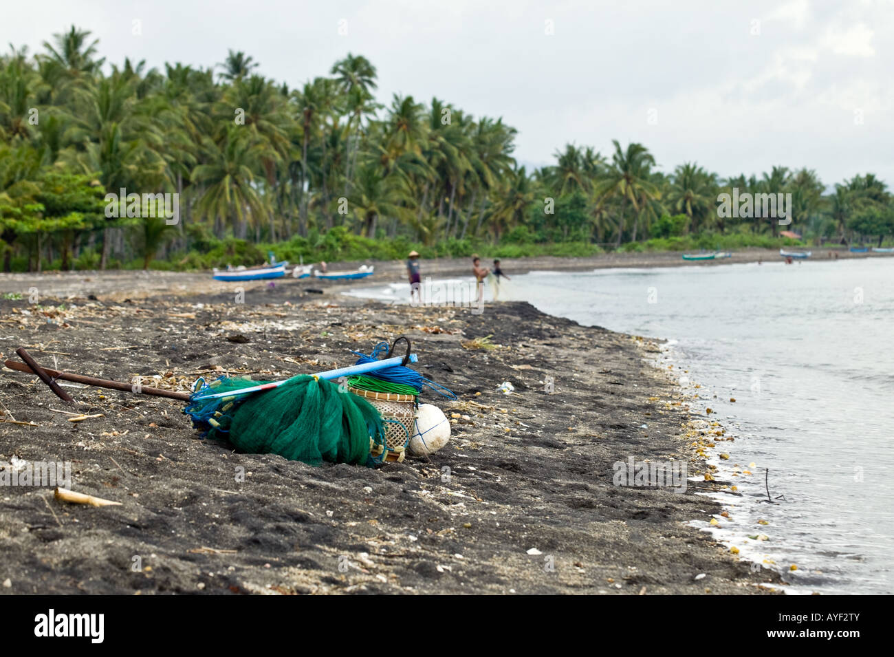 Filets de pêcheur sur la plage, Lombok en Indonésie Banque D'Images