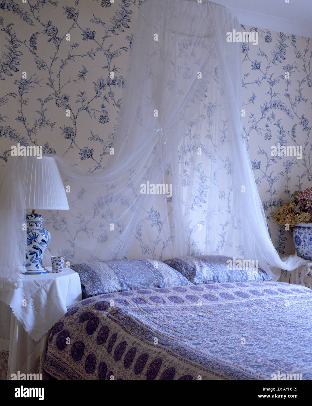 Papier peint bleu et blanc dans la chambre avec moustiquaire blanche sur lit  avec draps bleu Photo Stock - Alamy