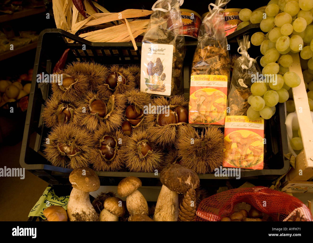 Les produits d'automne à vendre sur le stand de Cortina d Ampezzo les Dolomites italiens comprennent des chesnuts, du vin de fruits ceps, etc Banque D'Images