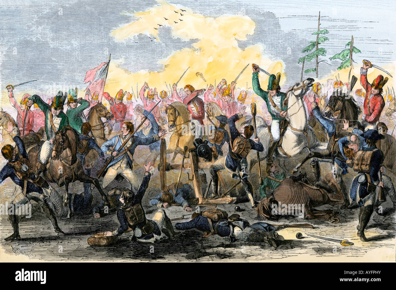 Bataille de Waxhaw Caroline du Sud pendant la guerre de l'indépendance 1780. À la main, gravure sur bois Banque D'Images
