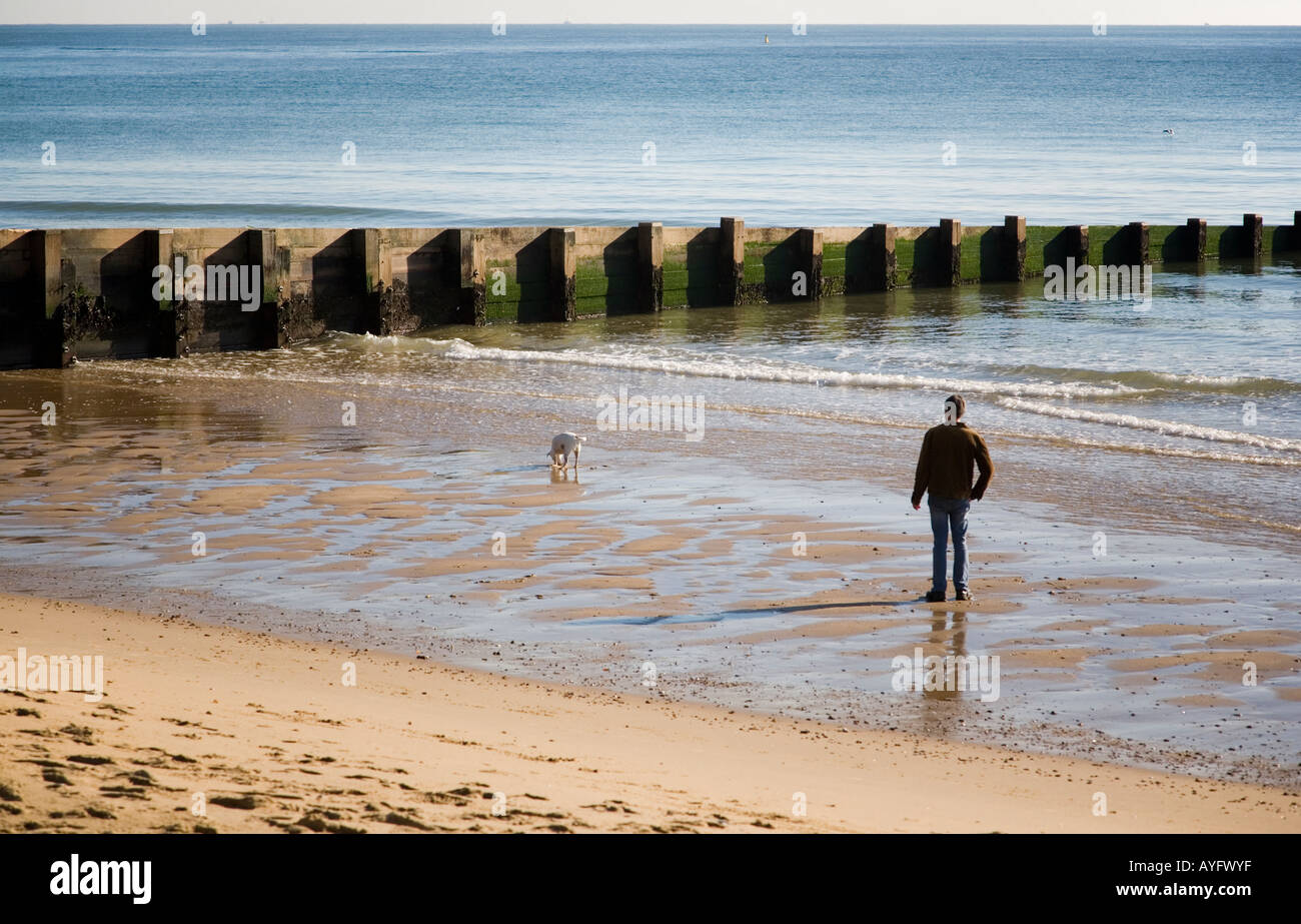 L'homme et le chien sur la plage de Southbourne Banque D'Images