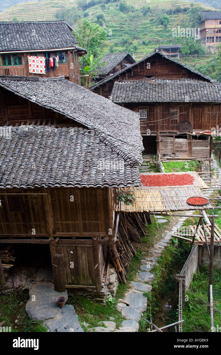 Le piment séchant sur des bâtiments traditionnels en bois dans la région de Ping An Chine Longsheng Banque D'Images