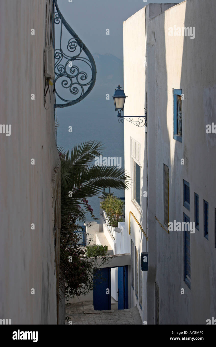 Allée raide entre les maisons blanchies à la chaux avec lampe et fenêtre auvent Sidi Bou Said Tunisie village Banque D'Images