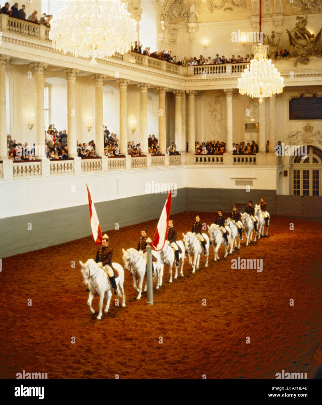 Une ligne droite de cavaliers et chevaux parade à l'école espagnole d'équitation de cheval Lipizzan Vienne Autriche d'affichage Banque D'Images