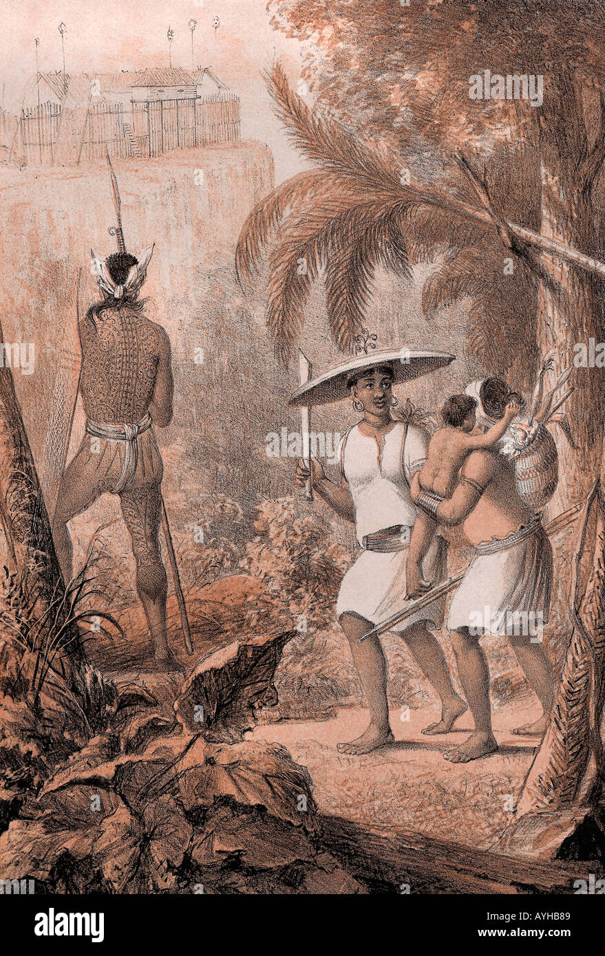 La gravure de l'époque victorienne d'une scène de jungle dans le Kalimantan Bornéo et Iban Dayak vivent encore dans le Kalimantan et Sarawak voisins Banque D'Images