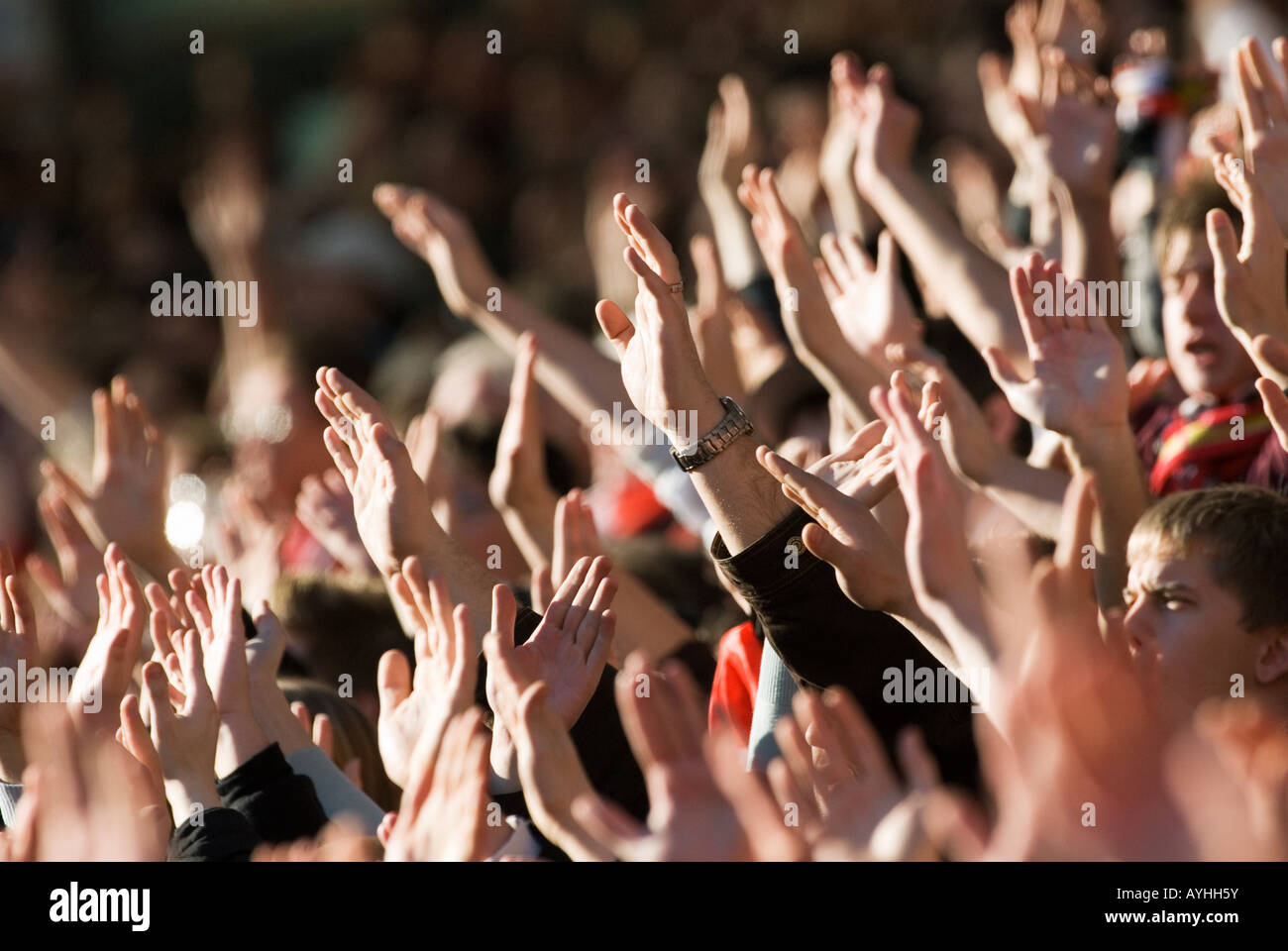 Football fans agitent leurs mains Banque D'Images