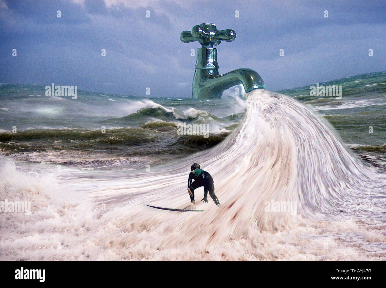 image photo numérique surréaliste d'un surfeur qui traverse une vague en se démontant d'un robinet géant. Œuvres de Nikki Attree Banque D'Images