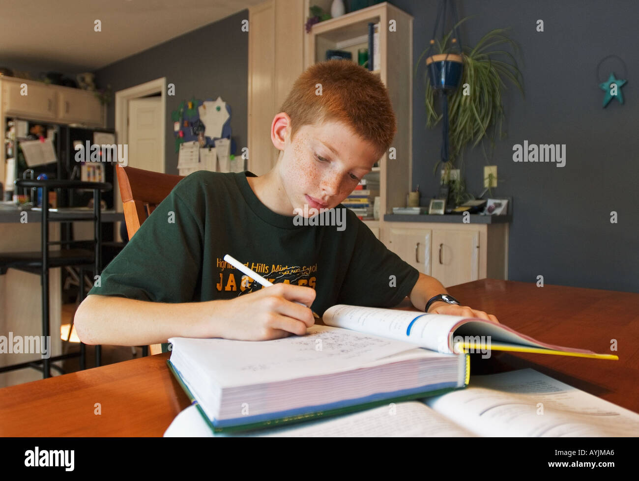 6ème année Boy Doing Homework Apprendre à table de cuisine du sud de l'Indiana Banque D'Images