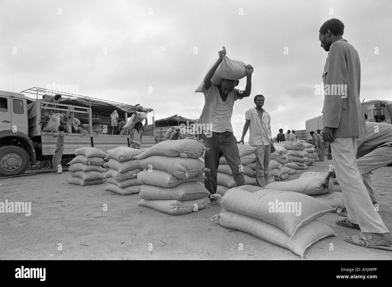 B/W de livraison d'aide alimentaire au camp de réfugiés somaliens.Kebrebeyah, Éthiopie Banque D'Images