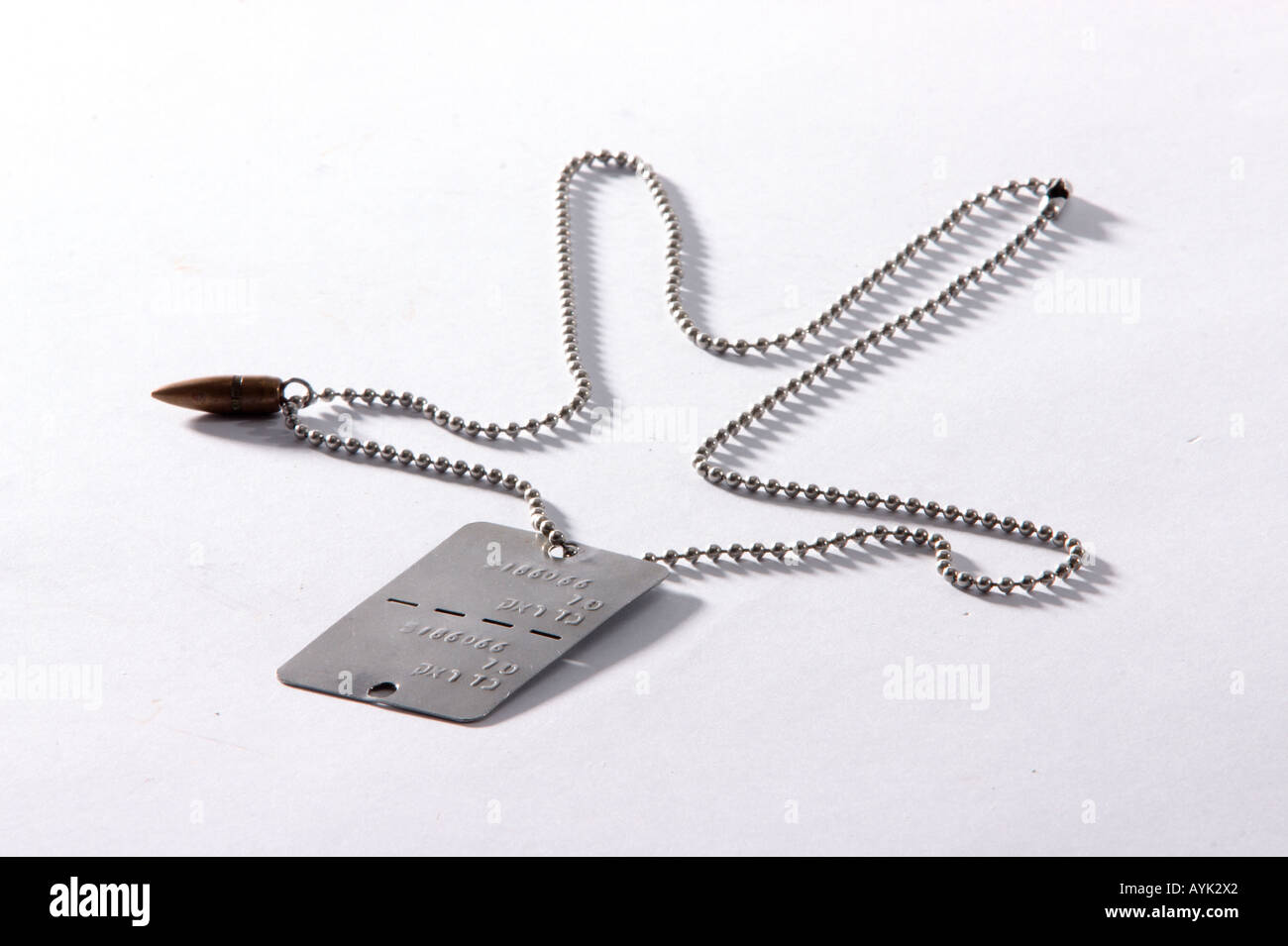 Dogtag militaire israélien sur une chaîne avec une balle sur un fond blanc Banque D'Images