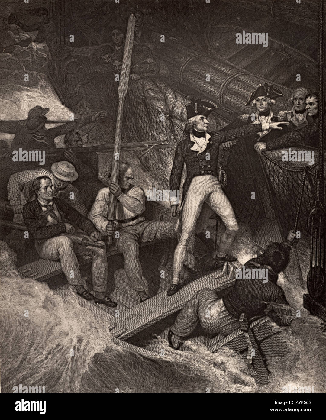 Lieutenant Nelson se portant volontaire pour monter à bord d'un prix dans une violente rafale. Horatio Nelson, Lord Nelson, vicomte Nelson, 1758 - 1805. Commandant naval britannique. Banque D'Images