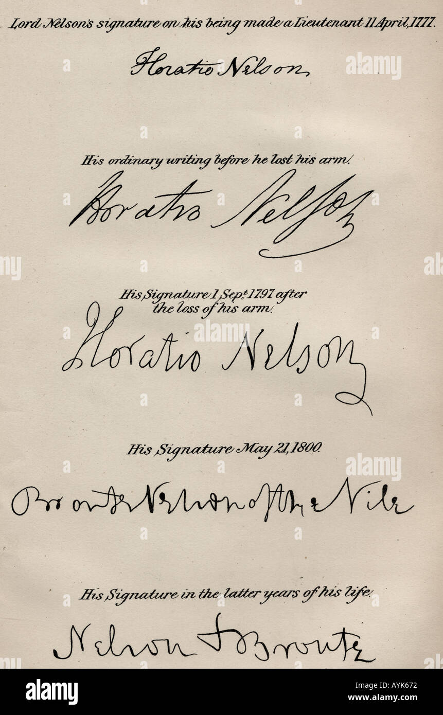 Lord Nelson, signatures. Lord Horatio Nelson, vicomte Nelson, Nelson, 1758 - 1805. Le commandant de la marine britannique. Banque D'Images