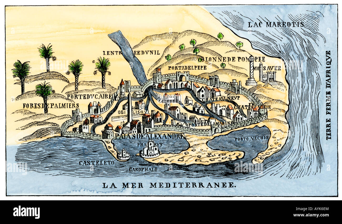 Plan d'Alexandrie montrant le phare Pharos à l'entrée du port dans les années 1500. À la main, gravure sur bois Banque D'Images