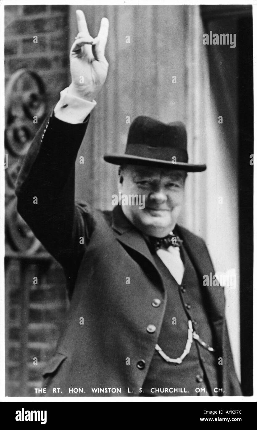 W Churchill donne V Sign Banque D'Images