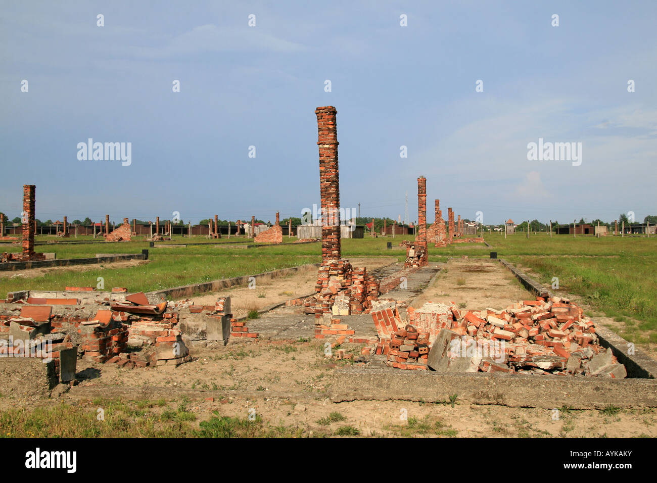 Dans les ruines de cheminée de restes d'une cabane en bois détruits dans l'ancien camp de concentration Nazi à Auschwitz Birkenau. Banque D'Images