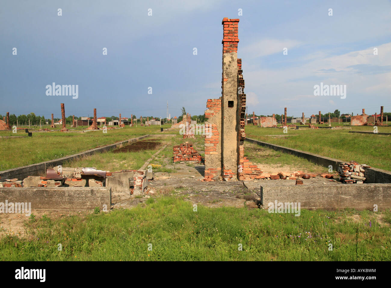 Dans les ruines de cheminée de restes d'une cabane en bois détruits dans l'ancien camp de concentration Nazi à Auschwitz Birkenau. Banque D'Images