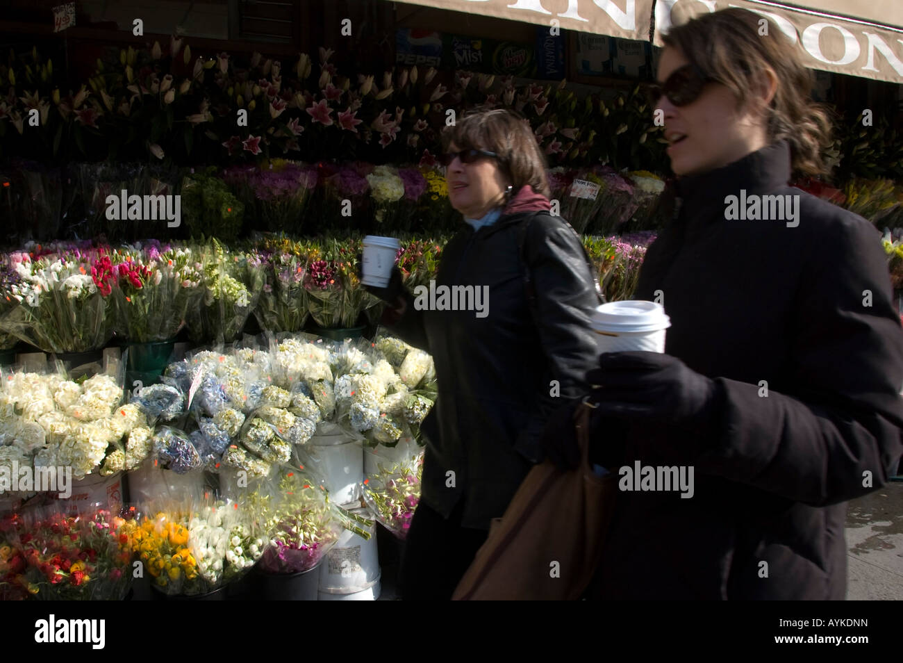 Les femmes à pied par une exposition de fleurs dans le quartier de Greenwich Village à New York Banque D'Images